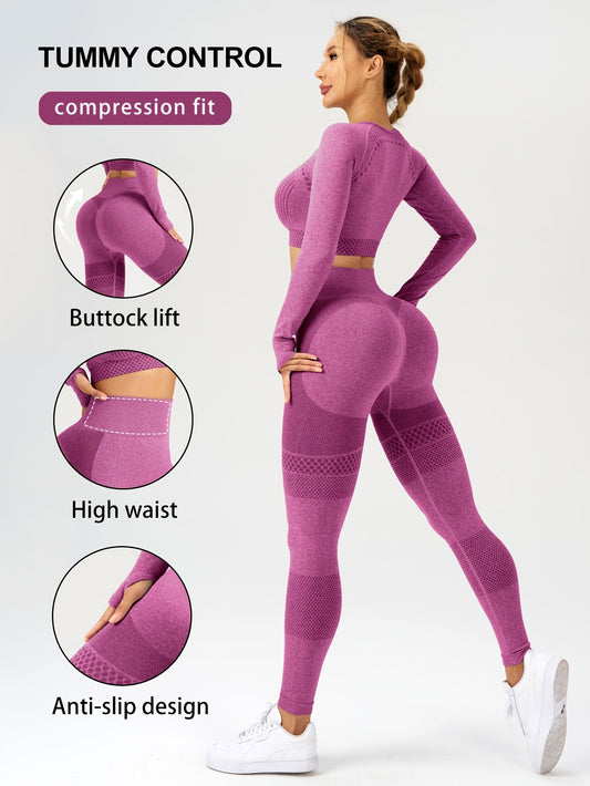 2pcs Women's Athletic Set - Long Sleeve Yoga Crop Top & High Waist Running Leggings